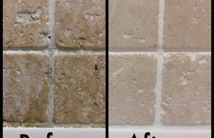 Before and after pictures showing transformative cleaning of tiles and grout.